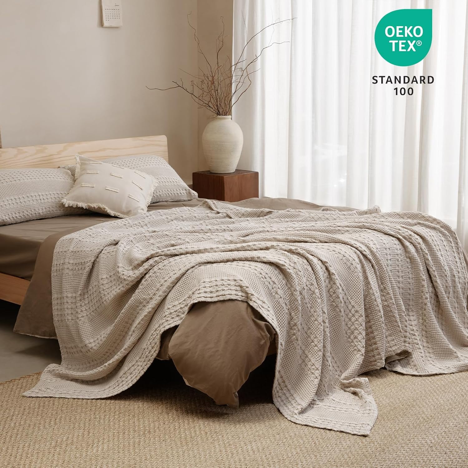 PHF 100% Cotton Waffle Weave Blanket, Lightweight Twin Washed Blanket for Bed Sofa Home Decor, Oatmeal, 66"x90"