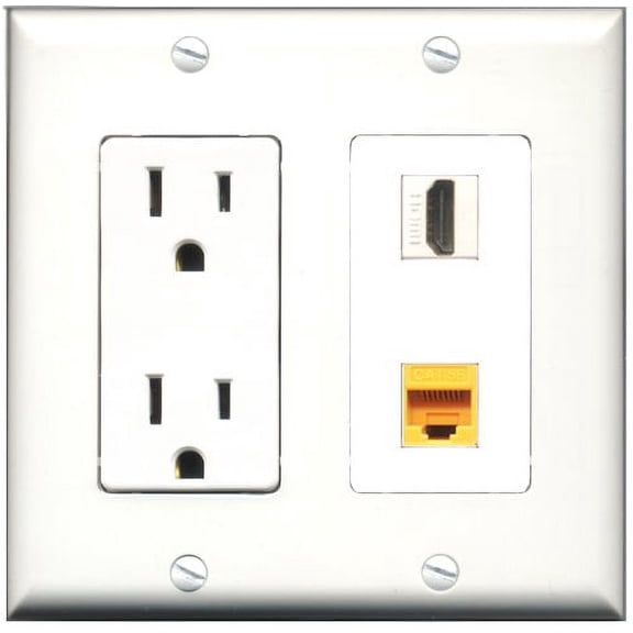 RiteAV - 15 Amp Power Outlet and 1 Port HDMI and 1 Port Cat5e Ethernet Yellow Decorative Type Wall Plate White