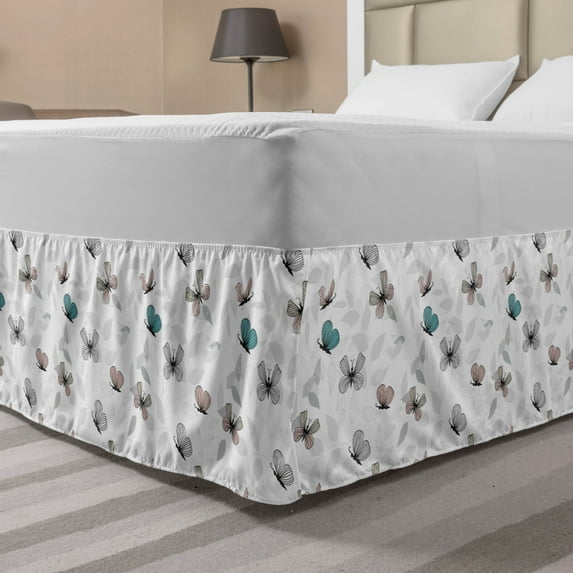 Nature Bed Skirt, Abstract Flying Butterfly Patterns Pale Flowers Affection Art, Elastic Bedskirt Dust Ruffle Wrap Around for Bedding Decor, 4 Sizes, White Pale Sky Blue, by Ambesonne