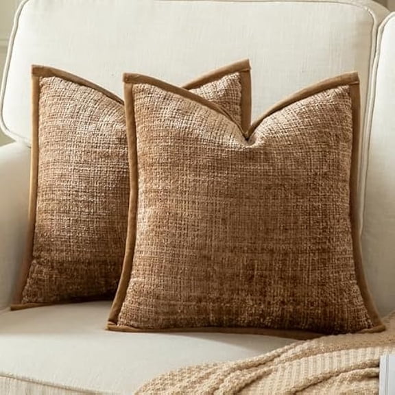 Eryueer Pack of 2 Chenille Textured Decorative Cushion Covers Accent Solid Throw Pillow Covers Soft Cozy Pillow Case with Velvet Back for Couch Sofa Bed Living Room 18x18 Inch 45x45cm Light Brown