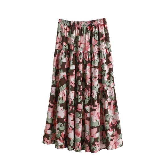 Levmjia Womens Midi Skirt Bohemian Printed Elastic Waist Pleated Flowy Skirt Soft Breathable Casual Bottoms For Beach Daily Dating Vacation Spring Summer Wear