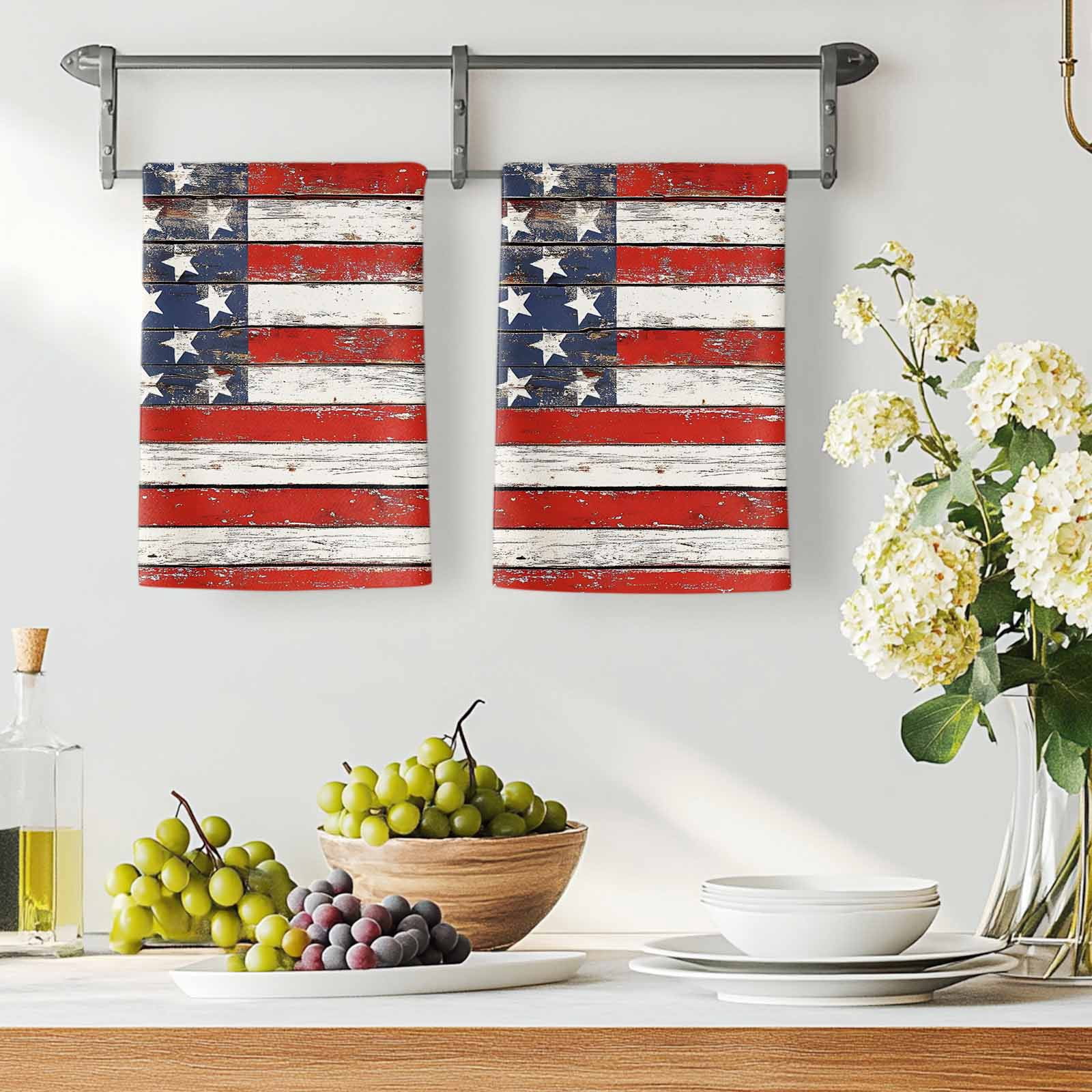 American Flag Kitchen Towels Set of 2, Red Blue Star Stripes Rustic Farmhouse Wood Absorbent Dish Towels for Kitchen, Microfiber Hand Towel, Quick Drying Tea Towel for Cleaning Decorative Dishcloths