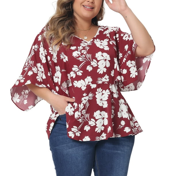 Blusas de mujer de talla grande con flores Agnes Orinda, con escote en V, de gasa, de manga 3/4, casuales de verano, color burdeos, talla 1X