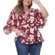 thumbnail image 1 of Blusas de mujer de talla grande con flores Agnes Orinda, con escote en V, de gasa, de manga 3/4, casuales de verano, color burdeos, talla 1X, 1 of 6