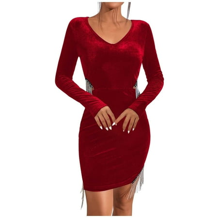 

Red Dress Womens Dresses Prom Dresses for Teens Women s Fashion Leisure Plain Comfortable Tassels Long Sleeve V-Neck Dress on Clearance Maternity Dress for Photoshoot Dressy Casual Red XL