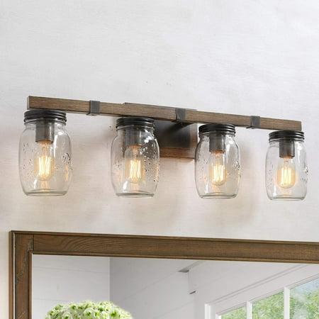 

MANXING Rustic Bathroom Light Fixtures Farmhouse Vanity Lighting with Mason Jar Glass Wooden Finished 29 inches Brown 4-Light White
