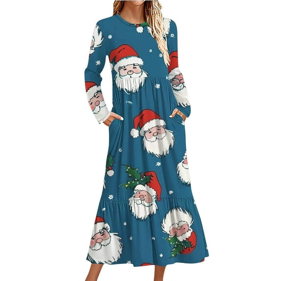 WXLWZYWL Christmas Womens Long Sleeve Maxi Dress Cute Printed Fall Casual Flowy Maxi Dress with Pockets