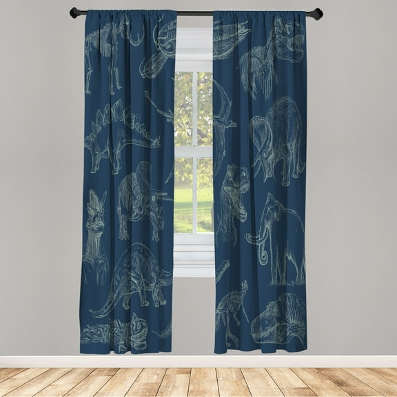 Ambesonne Jurassic Curtains, Dinosaurs Skeleton Biology, Pair of 28"x95", Night Blue