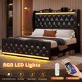 Queen Size Bed Frame Tall Headboard with LED Lights & Charging Station