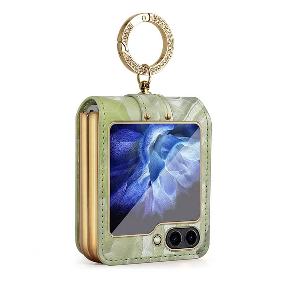SaniMore for Samsung Galaxy Z Flip 5 6.7" 2023 Folding Case, PU Leather Marble Pattern Rugged PC Back Lens Glass Protector Anti-slip Strip Metal Ring/Holder Anti-drop Shockproof Cover, Green