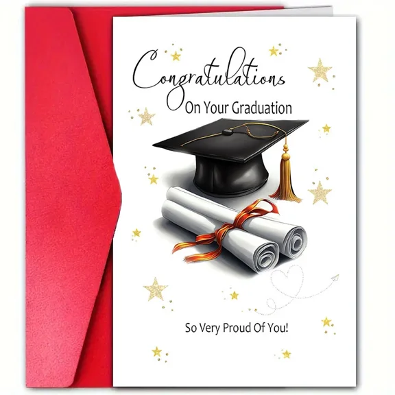 Graduation Card for Him or Her – "Congratulations On Your Graduation" with Cap & Diplomas – Blank Inside, Envelope Included – Perfect for Celebrating Achievements