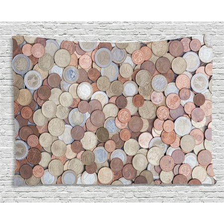 Breeze Tapestry - Money Tapestry, Close Up Photo of Coins European Union Euros Cents on Rustic Wooden Board, Wall Hanging for Bedroom Living Room Dorm Decor, 80W X 60L Inches, Bronze Silver Yellow, by Ambesonne