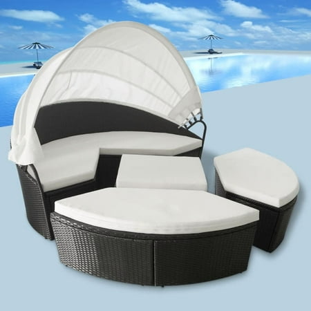 6 Seat Patio Set Black 11 Piece Patio Round Daybed PE Wicker Rattan Sofa Set Sectional Seating for Outdoor Furniture Lawn Backyard Poolside Garden with Canopy, Cushions and Pillows ()