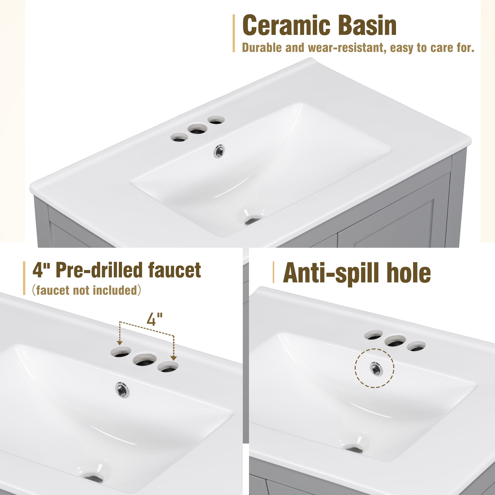Harper & Bright Designs 30" Bathroom Vanity with Sink Combo, Bathroom Cabinet with Ceramic Top, Multifunctional Storage Doors and Drawer, Gray
