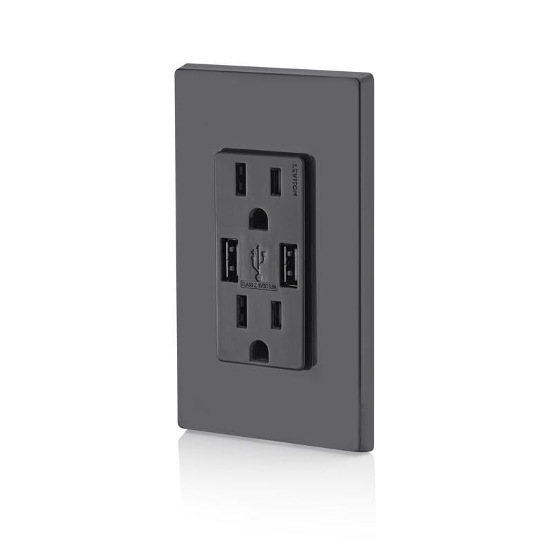 Leviton Decora 3.6A 5V Black 2-Port USB Charging Outlet with 5-15R Tamper Resistant Duplex Outlet — Indoor & Outdoor Use, NEC-Compliant