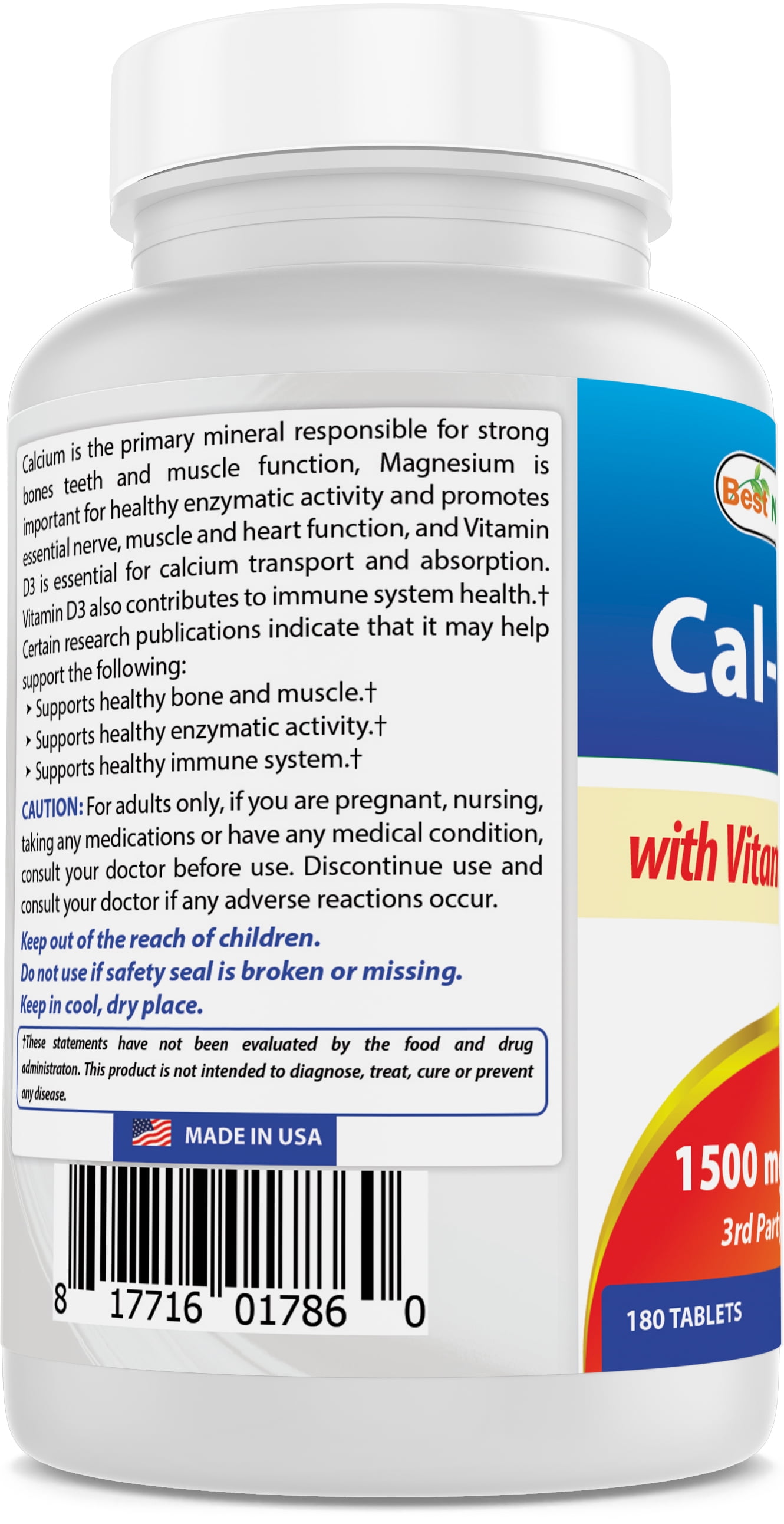 3 Pack Best Naturals Calcium Magnesium with Vitamin D3 1500mg 180 Tablets
