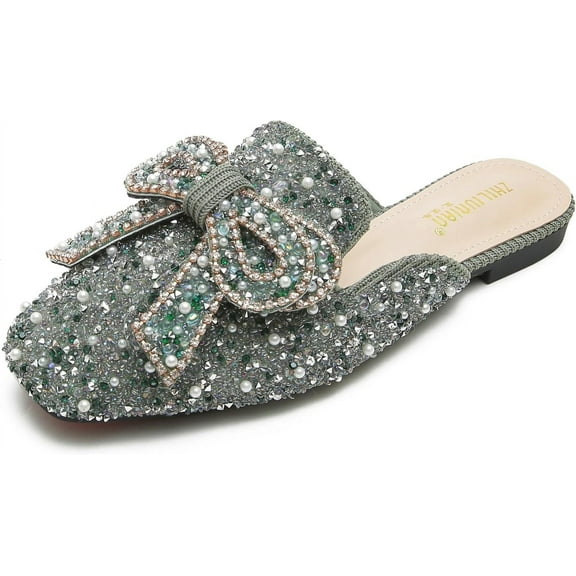 FSFDAMAI Women's Mules Pearl Rhinestone Bow Square Toe Flat Clogs