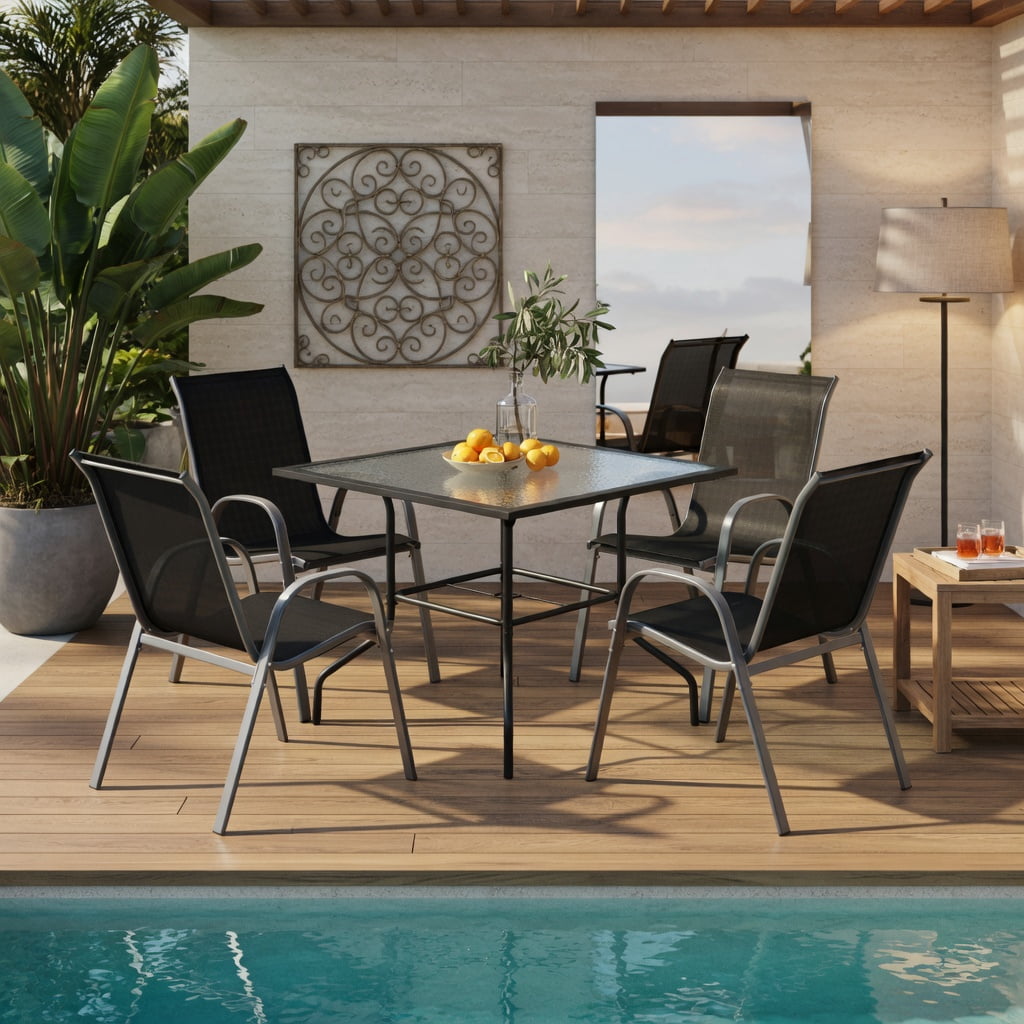 Hommoo 2-Pack Stackable Outdoor Dining Chairs with Armrests, Fabric, Steel Frame, Ergonomic Design for Patio, Deck or Balcony, Black
