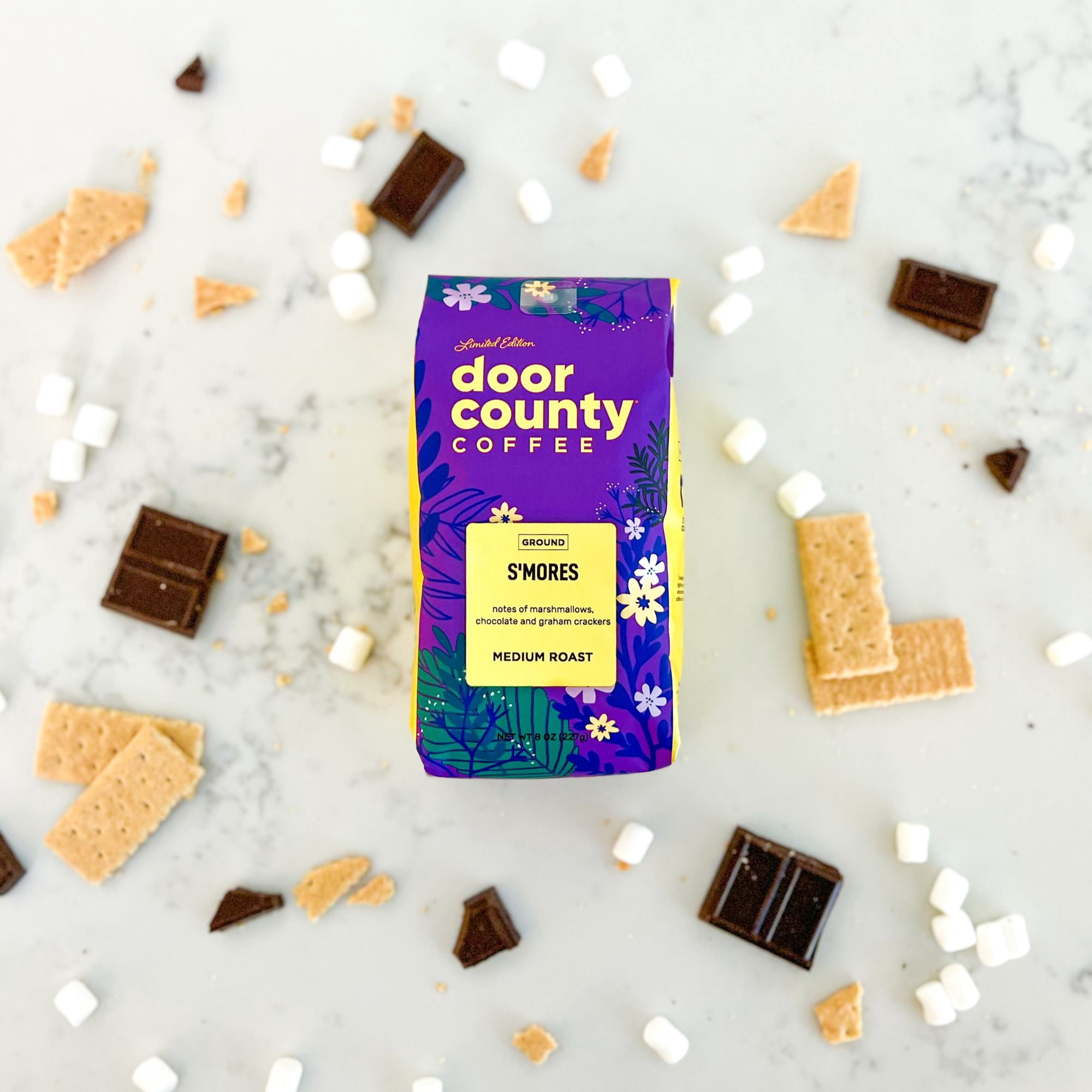Door County Coffee S'mores Flavored Specialty Arabica Coffee, Medium Roast, Ground, 8oz Bag (Spring & Summer Limited Edition)