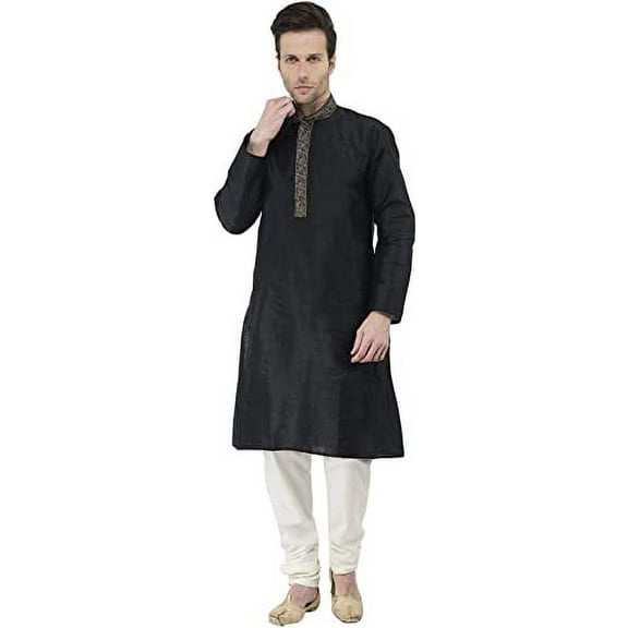 Royal Kurta Mens Linen Cotton Shirt Collar Pathani Kurta (42, Black)