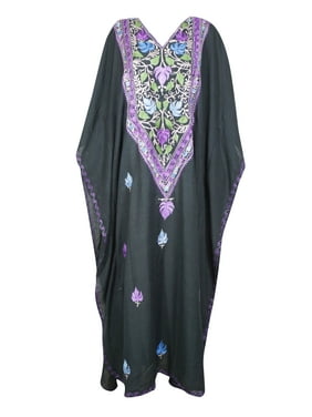 Mogul Women Kaftan Maxi Dress, Beach Bohemian Lounger Caftan Dress, Black Floral Hand Embellished Kaftan Dresses One size L-3XL