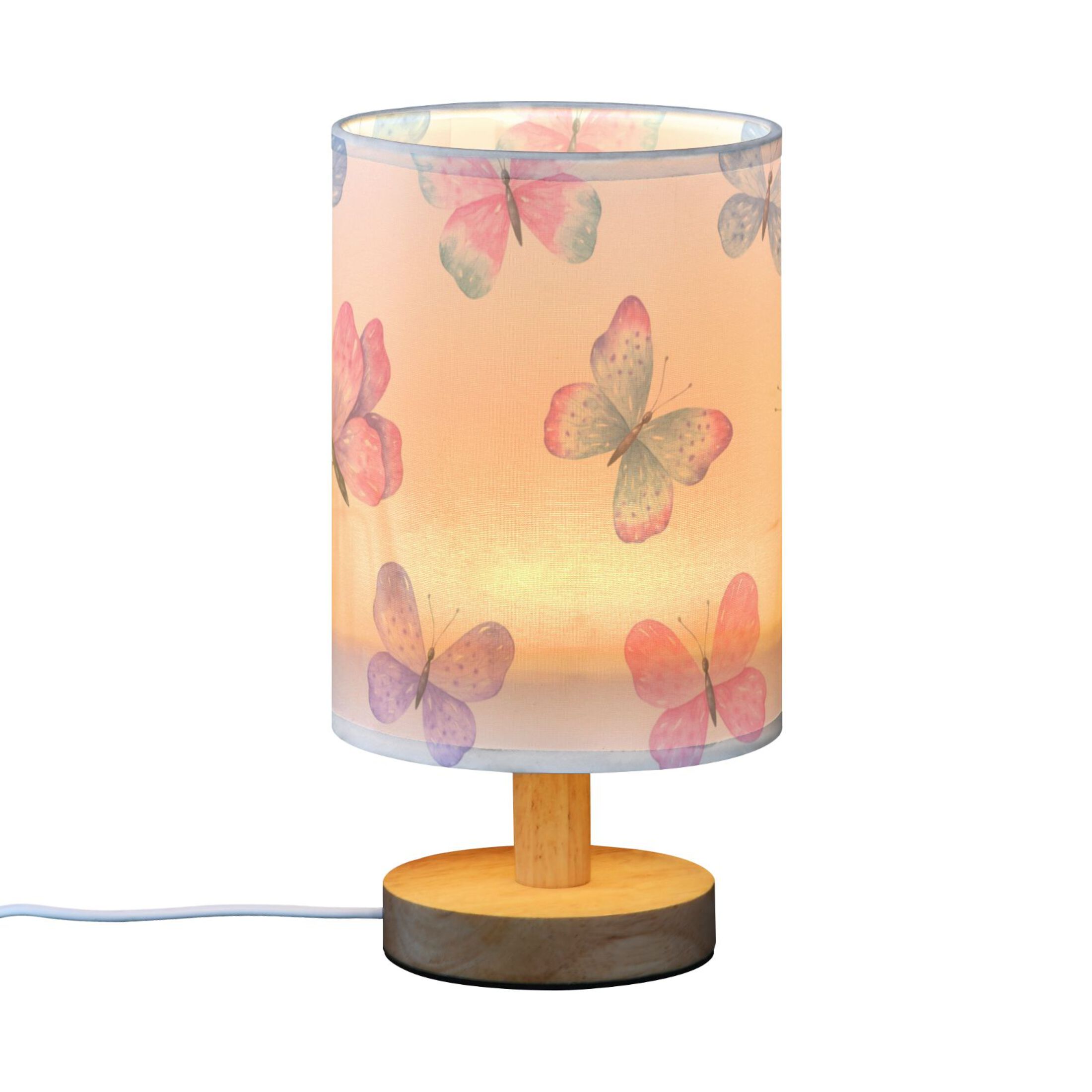 Cute Pink Butterfly in White Bedside Table Lamp LED Warm Lights with USB Charging Port Retro Cylinder Desk Lamps