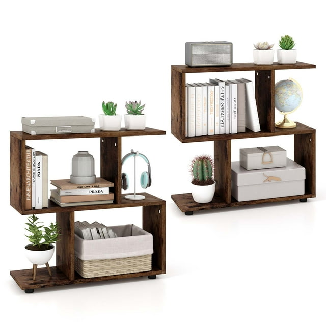 Costway 2 PCS 2-Tier Bookshelf Free Standing Wooden Display S-Shaped Shelf Storage Rack Brown