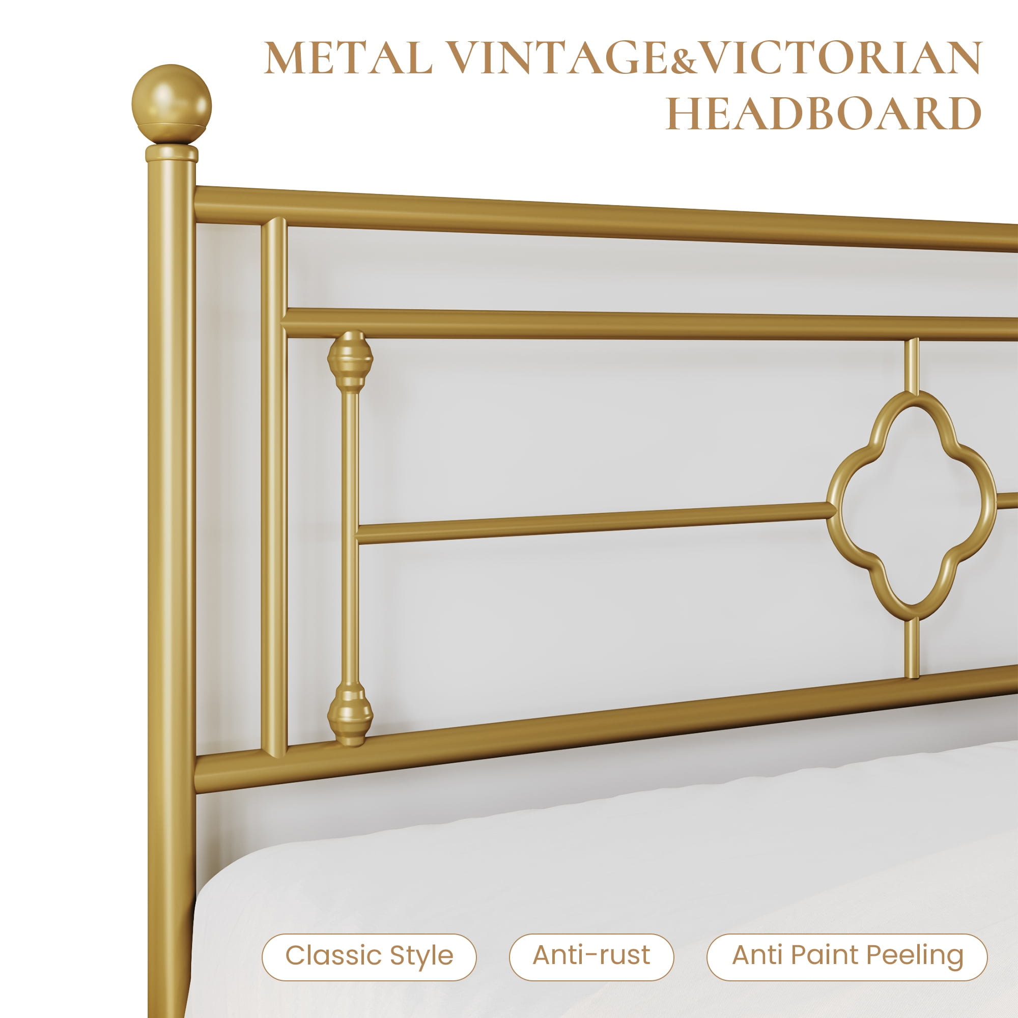 Sha Cerlin Gold Queen Size Metal Platform Bed Frame with Victorian Vintage Headboard