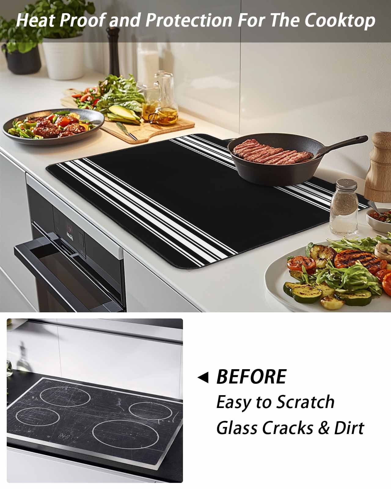 Stove Top Covers for Electric Stove, Black Striped Glass Stovetop Cover Protector, Farmhouse Black White Stripes Induction Cooktop Protector Oven Mat for Kitchen Countertop 28.5"x20.5"