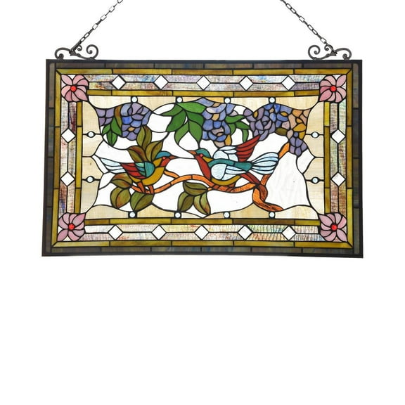 Lighting GREETING BIRDS Tiffany-style Animal Design Window Panel 32" x 21"