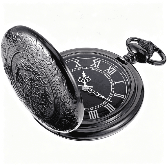 DESIGNICE Men'S Quartz Pocket Watch with Black Dial and Chain,Black,Quartz Movement