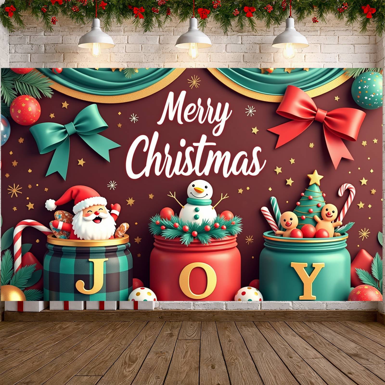 Festive Theme Merry Christmas Banner Red Green Bow Christmas Display Santa Claus Design Snowman Pattern Xmas Backdrop for Christmas Party Holiday Celebration Home Decoration