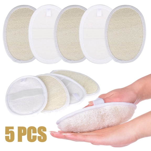 5pcs Exfoliating Loofah Sponge Pads, Large 4 x 5.7- 100% Natural Luffa and Terry Cloth Materials, Loofa Sponge Scrubber Body Glove Close Skin for Men & Women, Perfect for Bath Spa & Shower