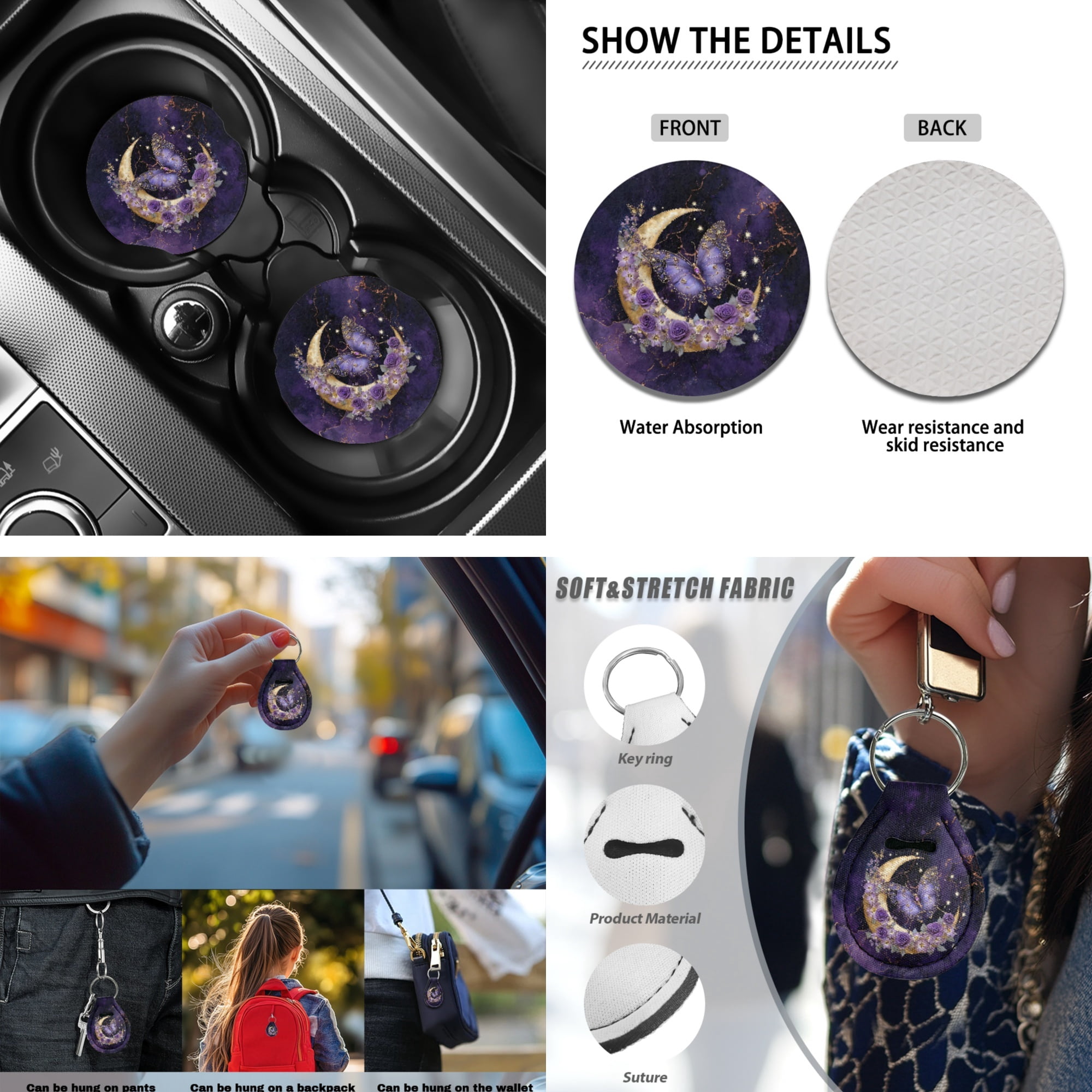 Jeiento Butterfly Car Accessories Full Set Car Seat Cover Steering Wheel Cup Holder Armrest Pad Moon Keychain Lipstick Holder Purple Interior Auto Decor Fit Most Cars Truck SUV Van Sedan, 13 PCS