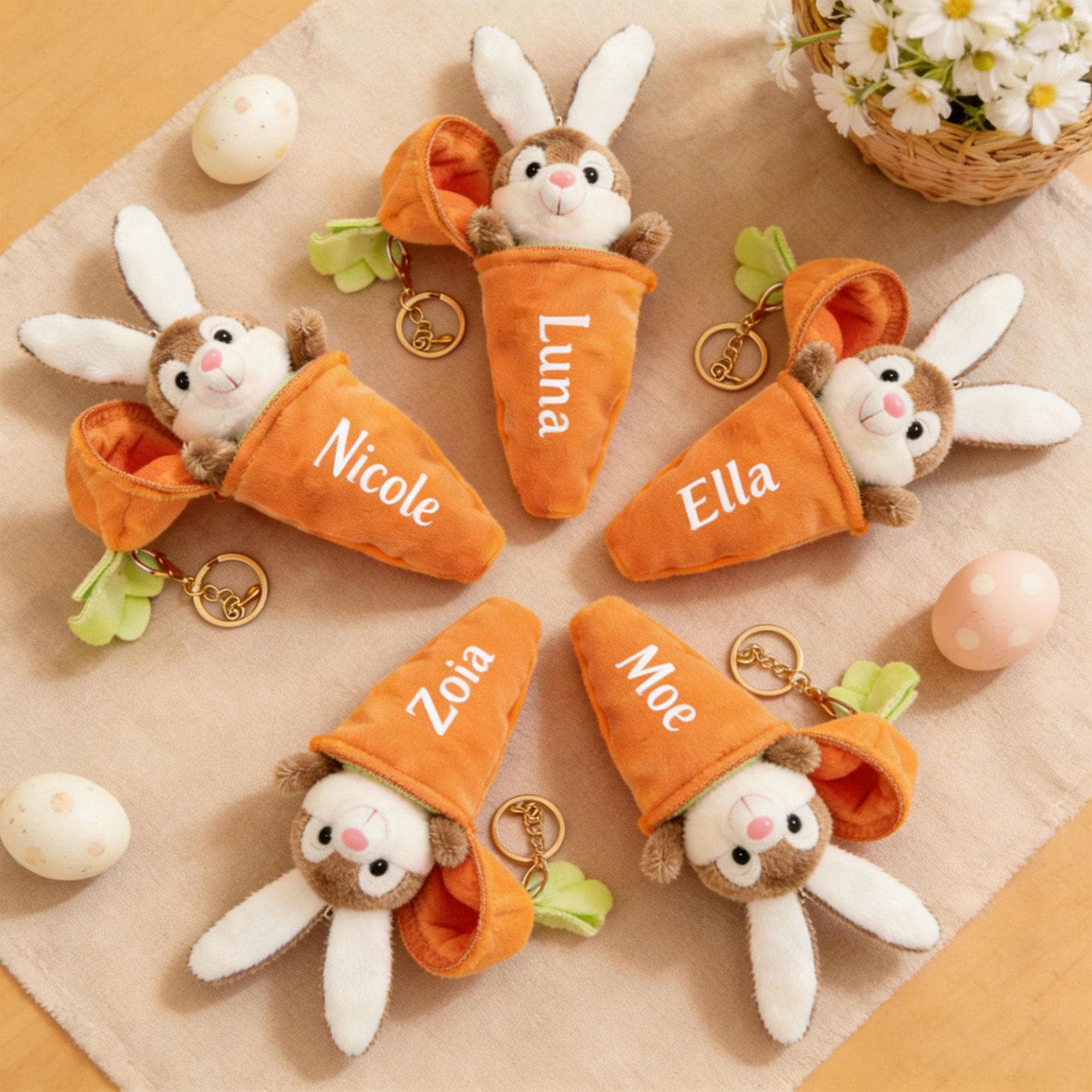 Personalized Easter Bunny Plush Accessory in Carrot Pouch – Custom Name Rabbit Gift