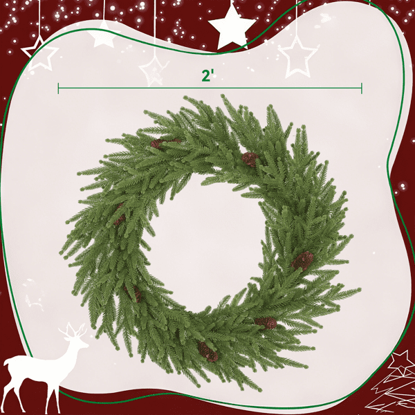 24" Indoor Christmas Wreath, Lifelike Norfolk Pine Design with 88 Moulded Tips, 7 Pine Cones for Doors, Walls, Mantels