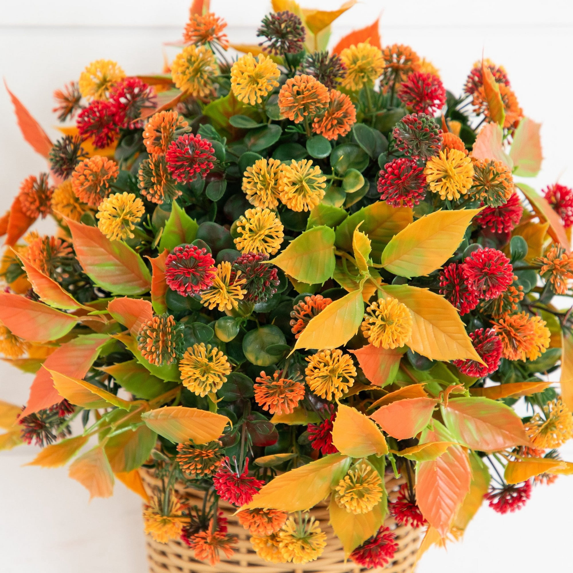 14in. UV Resistant Autumn Artificial Mixed Fall Mum in Wicker Basket (Indoor/Outdoor)