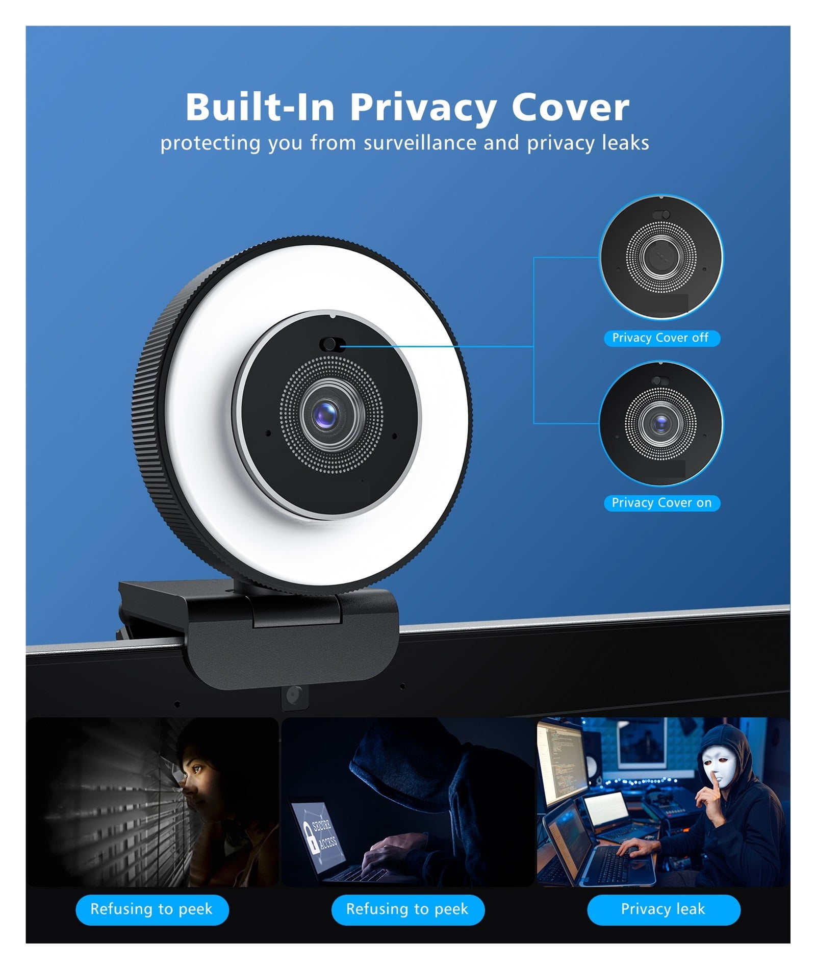 HD Webcam 4k 30fps With Adjustable Ring Light And Microphone, Autofocus Webcam With Privacy Cover For Conferencing, Live Streaming, Recording ,Full Clarity