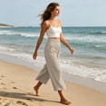 thumbnail image 5 of Linen Capri Pants for Women Loose Wide Leg Cotton Gaucho Pants Elastic Waist Flowy Dressy Trousers, 2XL, 5 of 6