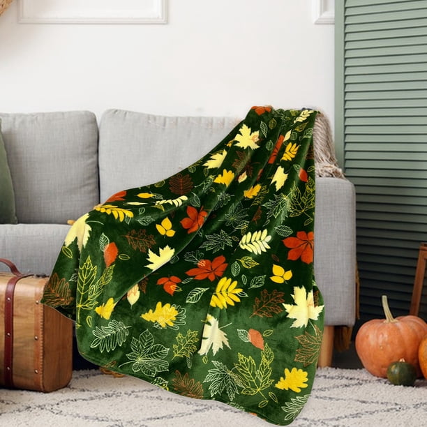 Seyotauo Thanksgiving Maple Leaf Print Blanket, Green Soft Couch Living Room Throw for Women & Men, Especially for Fall Decor