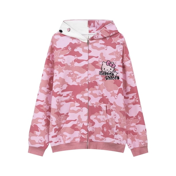 Sudadera con capucha de Hello Kitty Y2K para niña, ropa de calle con estampado de camuflaje de Hip Hop, Sudadera con capucha de gran tamaño con cremallera, chaqueta Punk Harajuku, Tops