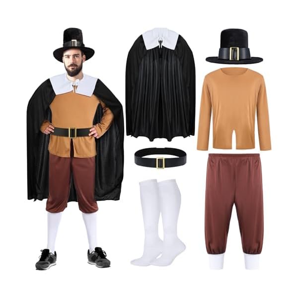 WAYAN 6 Pcs Thanksgiving Pilgrim Costume Men Shirt Trousers Cloak Cap Sock Belt Adult Colonial Pilgrim Costume