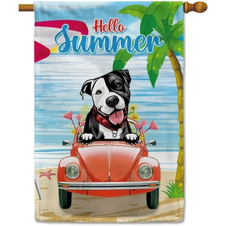 Hello Summer Beach Dog House Flag Cute Puppy Pit Bull in Red Retro Car Flowers Palm Tree Summer Banner for Home Yard Decor Garden flag for outside 12*18 Inch