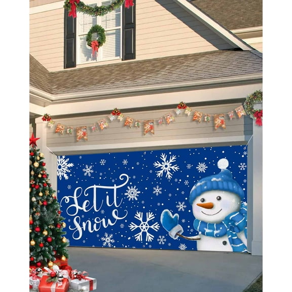 Garage Door Banner Cover 7 x 16 ft, Christmas Snowman Winter Showflake Blue Christmas Garage Door Decorations Holiday Christmas Backdrop Decor for Winter New Year Xmas Party