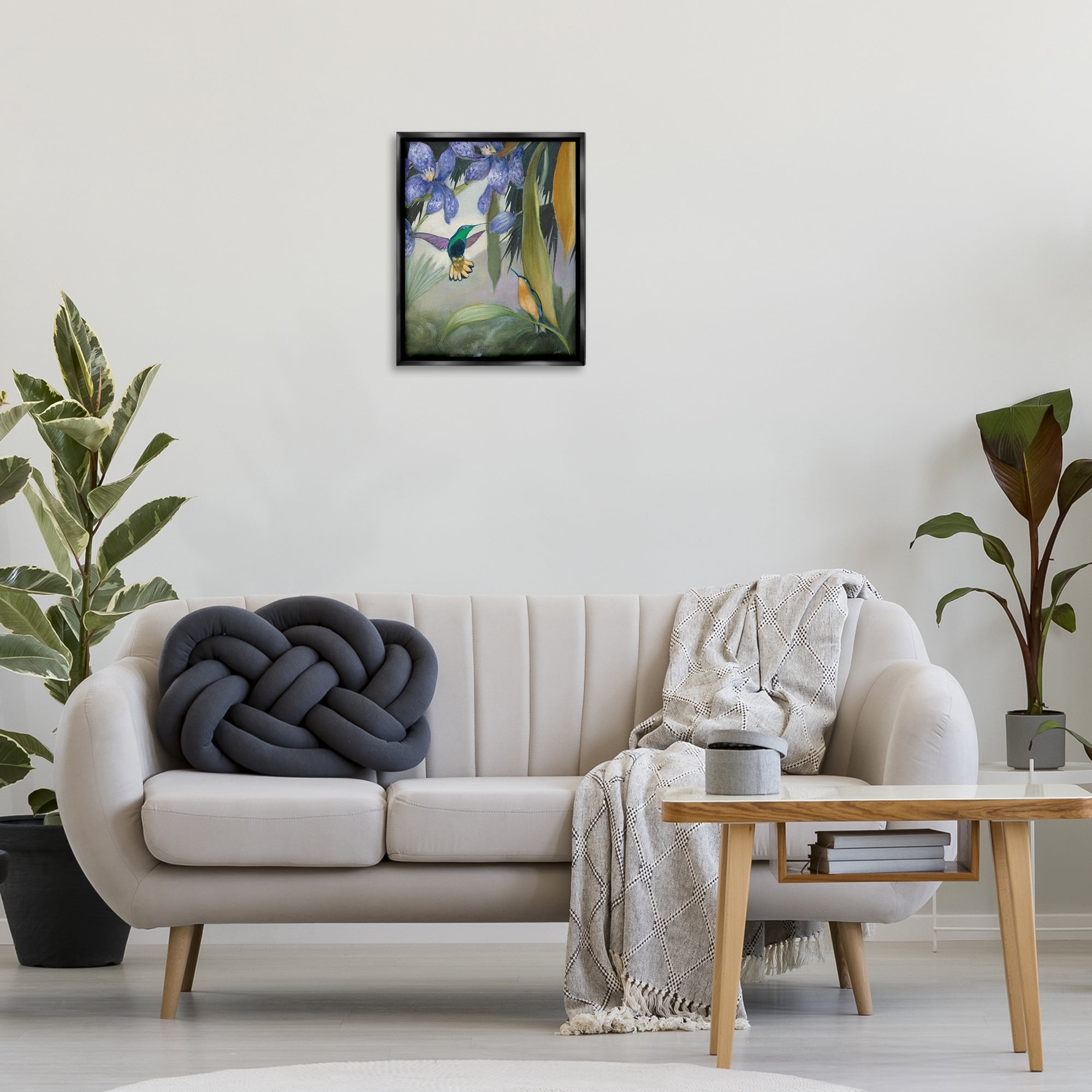 Stupell Industries Hummingbirds in Nature Landscape Painting Black Floater Framed Canvas Art Print Wall Art, 17 x 21