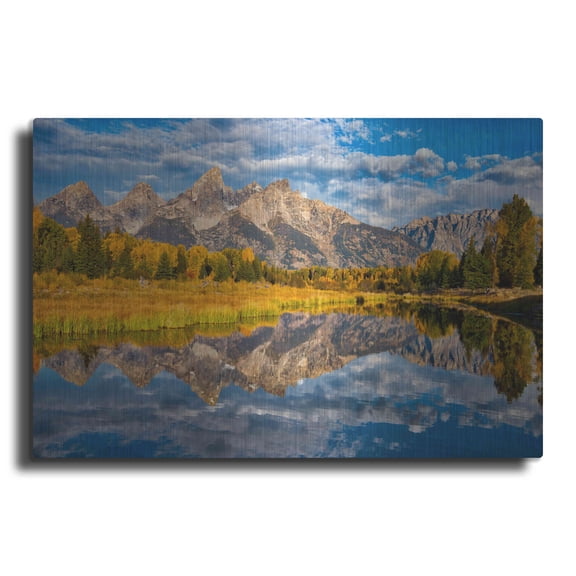 Luxe Metal Art 'Fall Reflection in the Tetons - Grand Teton National Park' by Darren White, Metal Wall Art, 36"x24"