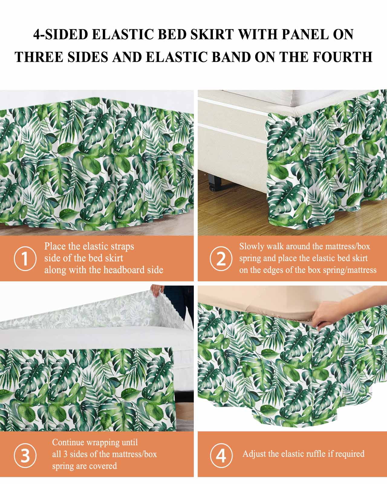 Tropical Bed Skirt Queen Size, Green Palm Leaf Summer Plant Wrap Around Bed Skirting with Adjustable Elastic Strap, Dust Ruffle Pleated Bedskirts 18 Inch Drop for Bedroom Queen Beds