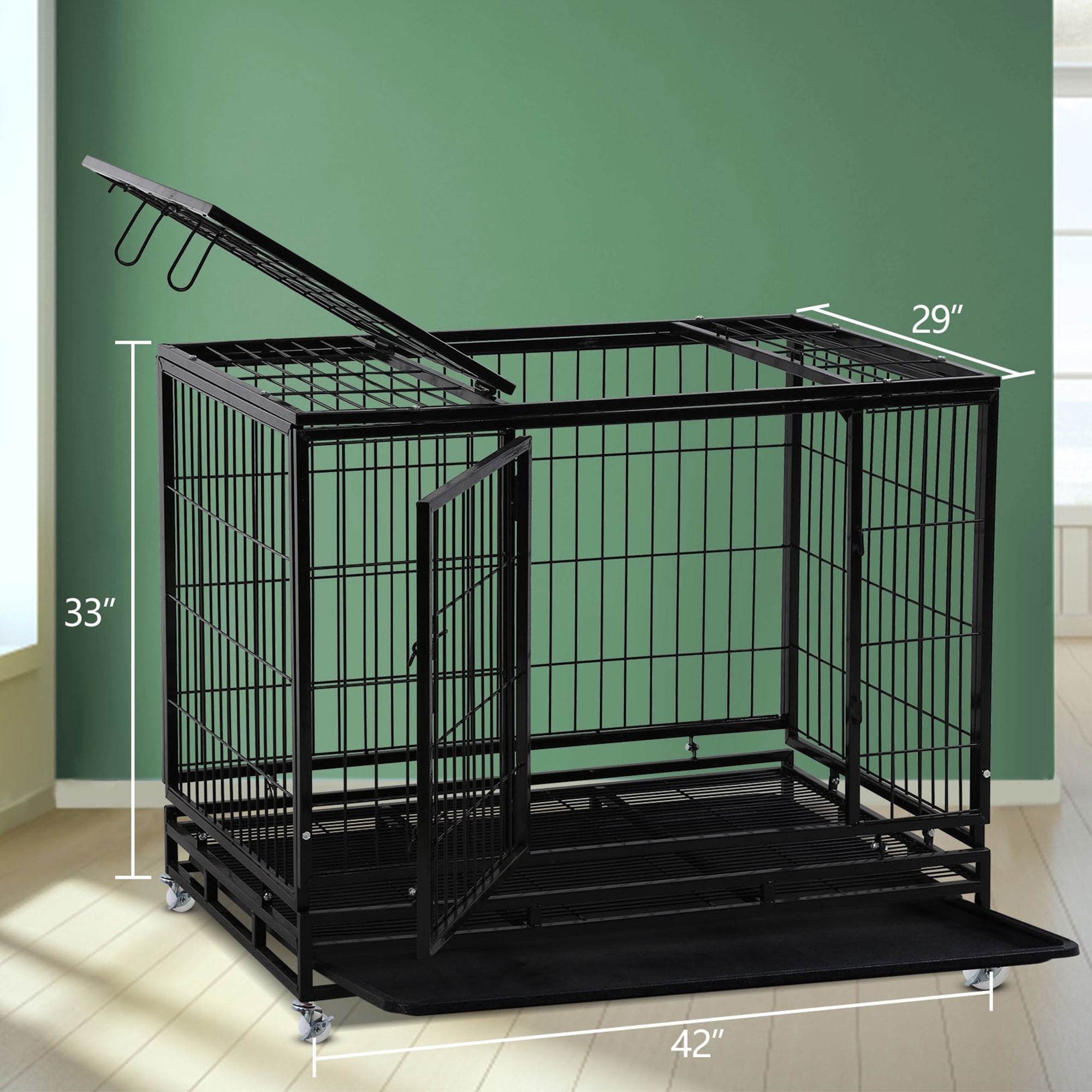CL.HPAHKL 42 Inch Dog Crate, Heavy Duty Dog Kennel with Lockable Wheels Wire Dog Crate with Double-Door,Divider Panel, Removable Tray Indestructible Dog Crates Dog Cage for Large Medium Dogs, Black