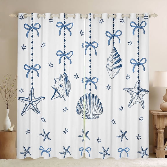 Manfei Blue White Seashell Starfish Bow Black Out Curtains for Kids Girls, Sea Animal Curtains Pack of 2 (42x63 Each)