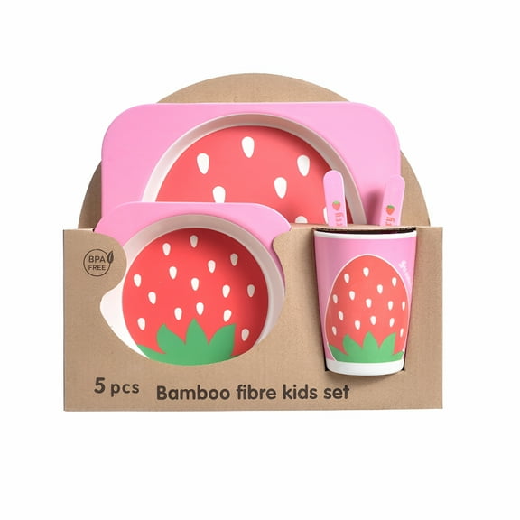 ACDANC 5Pcs/Set Bamboo Kids Dinnerware Set - Children Dishes - BPA Free Food Plate Bowl Cup Spoon Fork Set Dishware,Cartoon Tableware - Strawberry